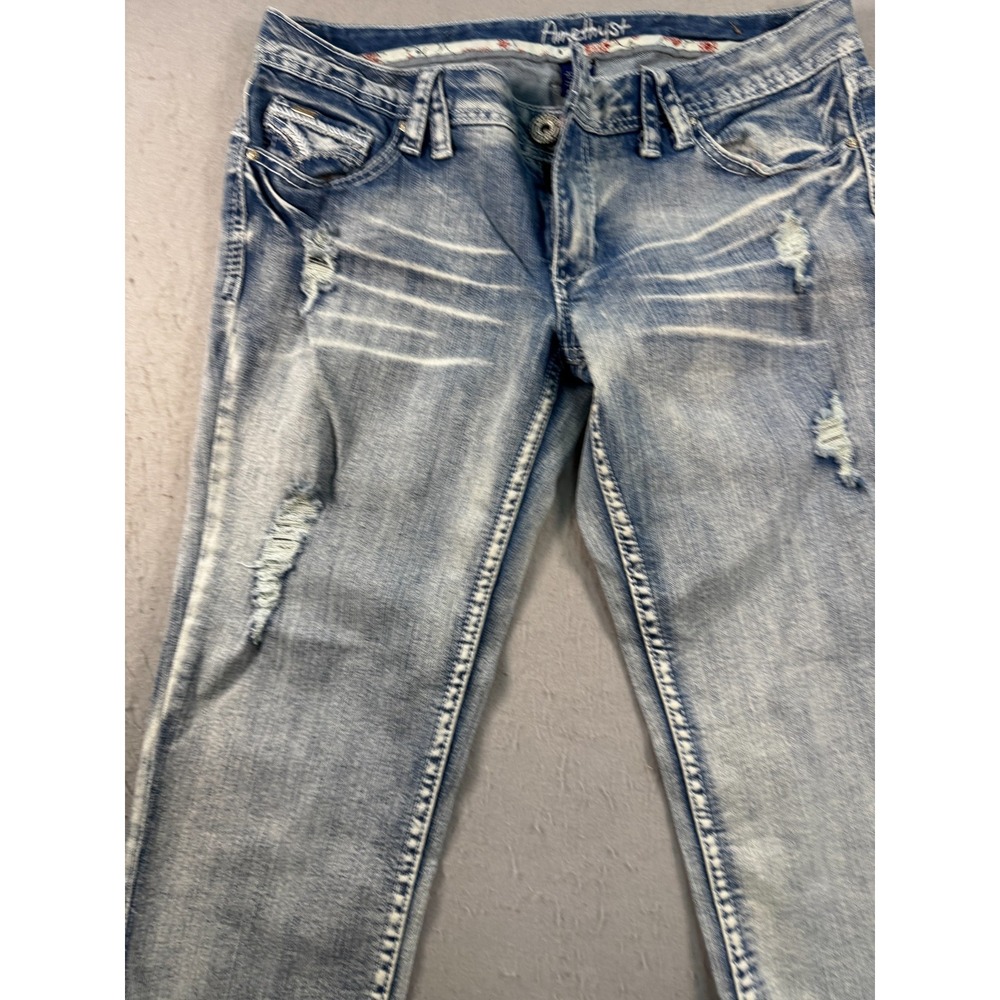 Amethyst Crop Jeans Womens 11 Blue Denim Stretch Distressed Frayed Cuffed Hem